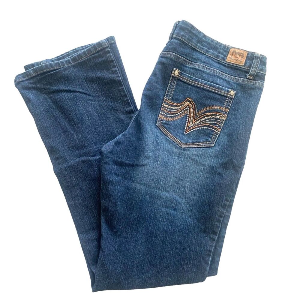 Y2K LEI Ashley Low Rise Bootcut Jeans Size 17 Juniors Embroidered Dark Wash Boho